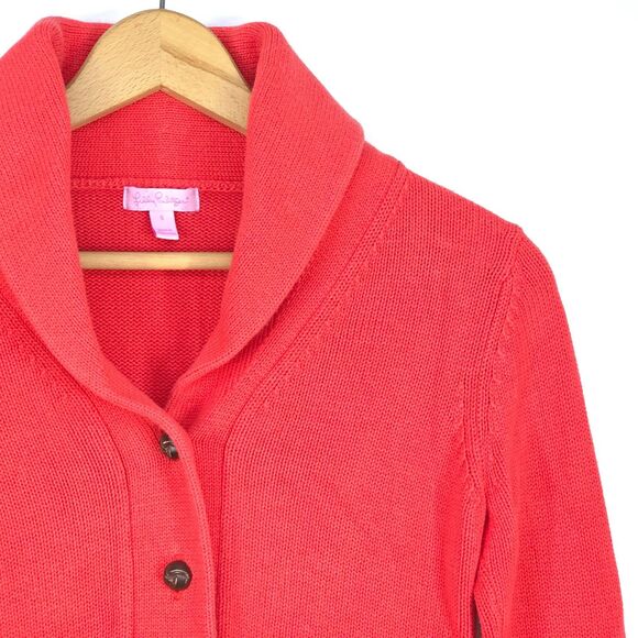 LILLY PULITZER Cardigan Womens Small Coral Pink Sweater Shawl Collar Elbow Patch - Picture 12 of 16